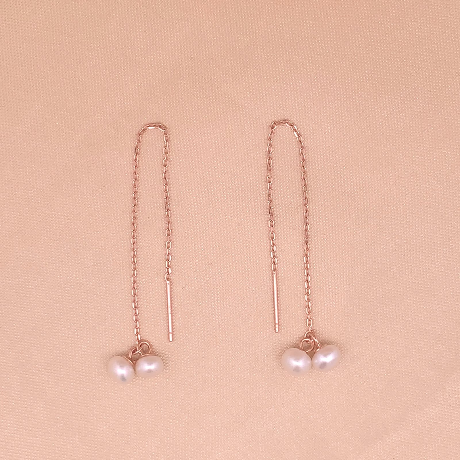 Twin Pearl Threader Earrings (Pure Silver) - Rose Gold